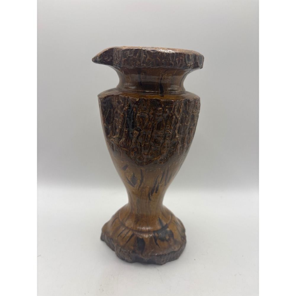Mid Century Wabi-Sabi Chrysanthemum Wood Vase Hand Carved Formosa Rattan Vine